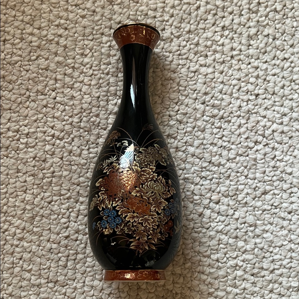 Vintage Japanese Shibata Porcelain Vase with Black and Gold Floral Design 11”H